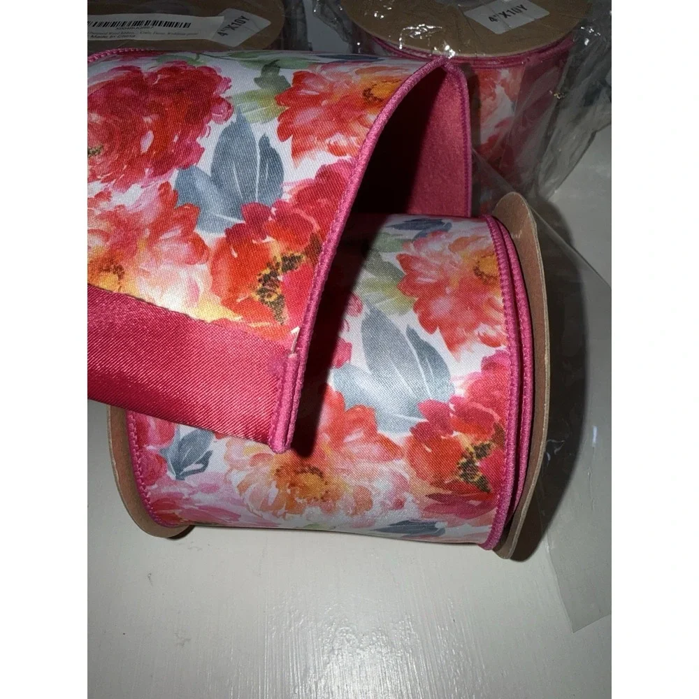 3 Floral Patterned Wired Roll 4 Inch x 10 Yards, Pink Wedding Shower Bridgerton